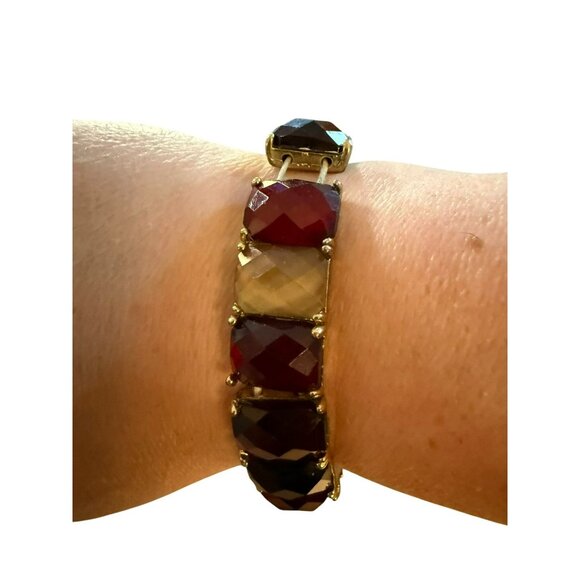 Faceted Acrylic Red and Yellow Fall Colors "Gemstone" Stretch Bracelet With Gold - Picture 1 of 4